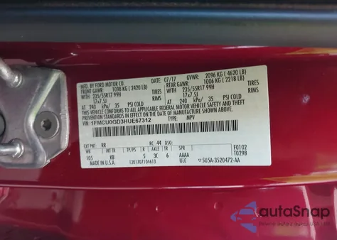 2017 Ford Escape Se from USA, damaged, VIN 1FMCU0GD3HUE67312